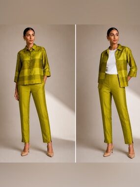 100% Silk Chartreuse Top Bottom Set Size 12 Quiet Luxury  Blouse Tapered Pants